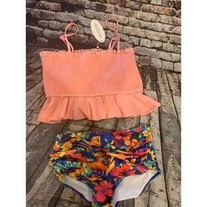 NWT Bikini Orange and Tropical Crop Top Ruched Bottoms Ruffle NEW and CUTE L